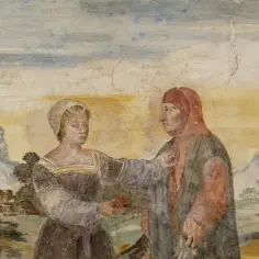 Scena z życia, być może inspirowana utworem Petrarki. Kobieta w średniowiecznej sukni podaje mężczyźnie w czerwonym kapturze mały przedmiot.