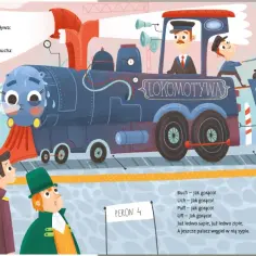 Ilustracja do wierszy Juliana Tuwima. Lokomotywa na stacji, z maszynistą i palaczem, czeka na pasażerów.