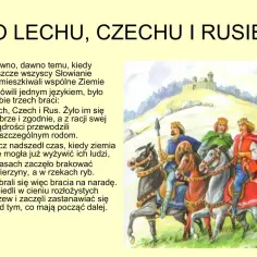 Ilustracja do legendy o Lechu, Czechu i Rusie. Trzech braci w koronach na koniach, z zamkiem w tle. Opowieść o początkach narodów, mity.