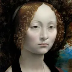 Portret młodej kobiety z kręconymi włosami na tle ciemnego, gęstego listowia i malowniczego krajobrazu.
