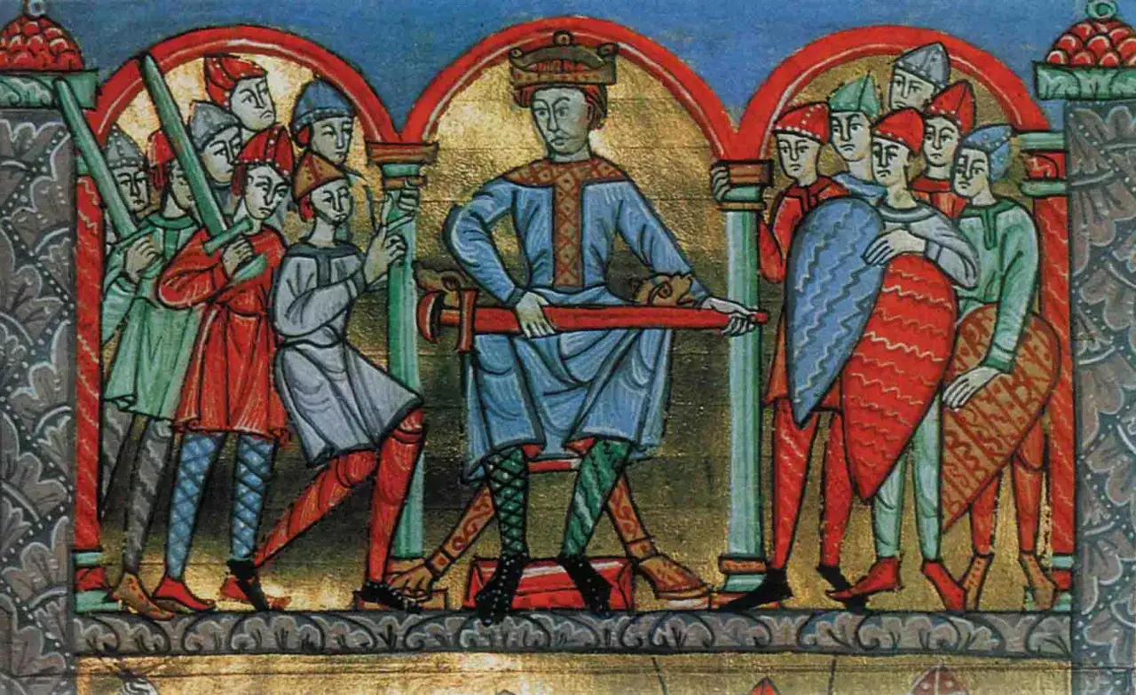 Król z mieczem w otoczeniu wojów. Ilustracja z epoki, przypominająca sceny z literatury parenetycznej, ukazuje władcę i jego świtę.