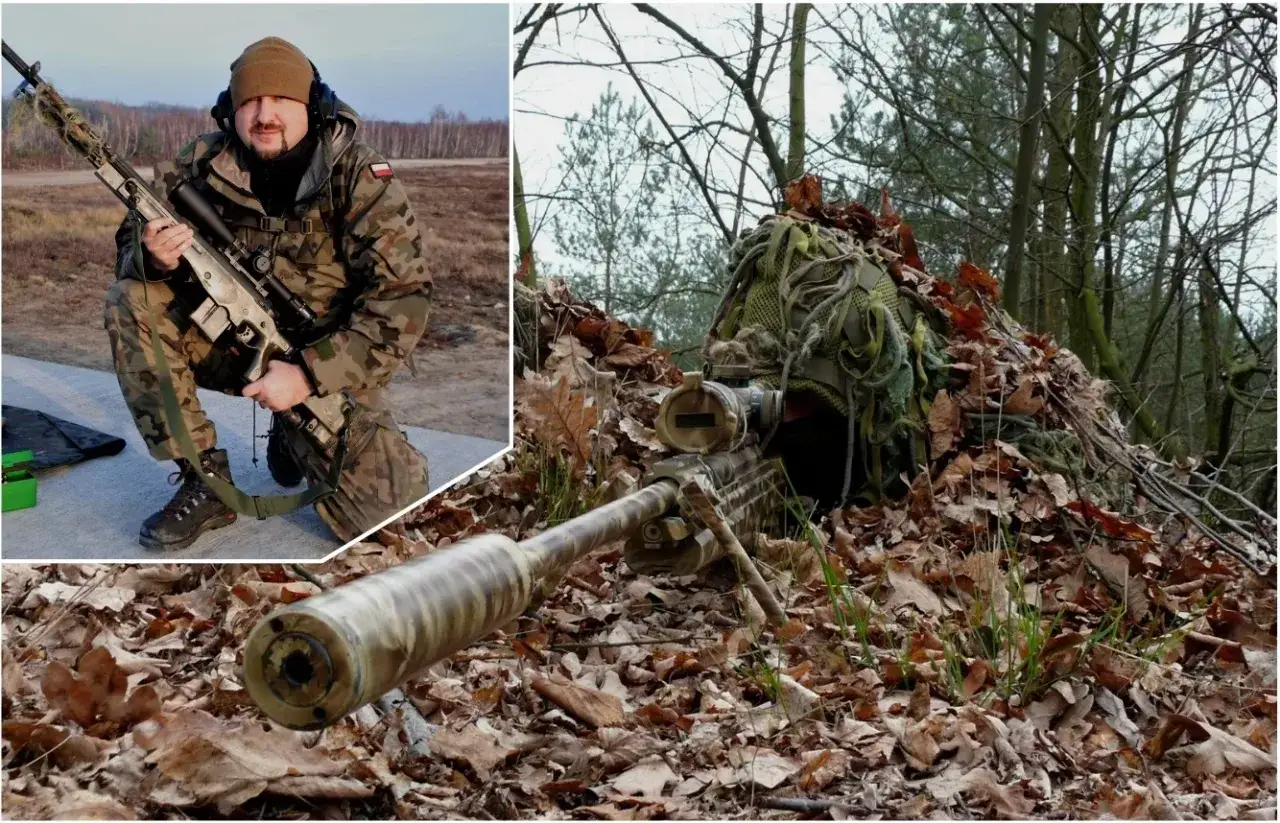 Snajper w kamuflażu czeka w leśnej kryjówce. Obok mężczyzna w mundurze z karabinem.