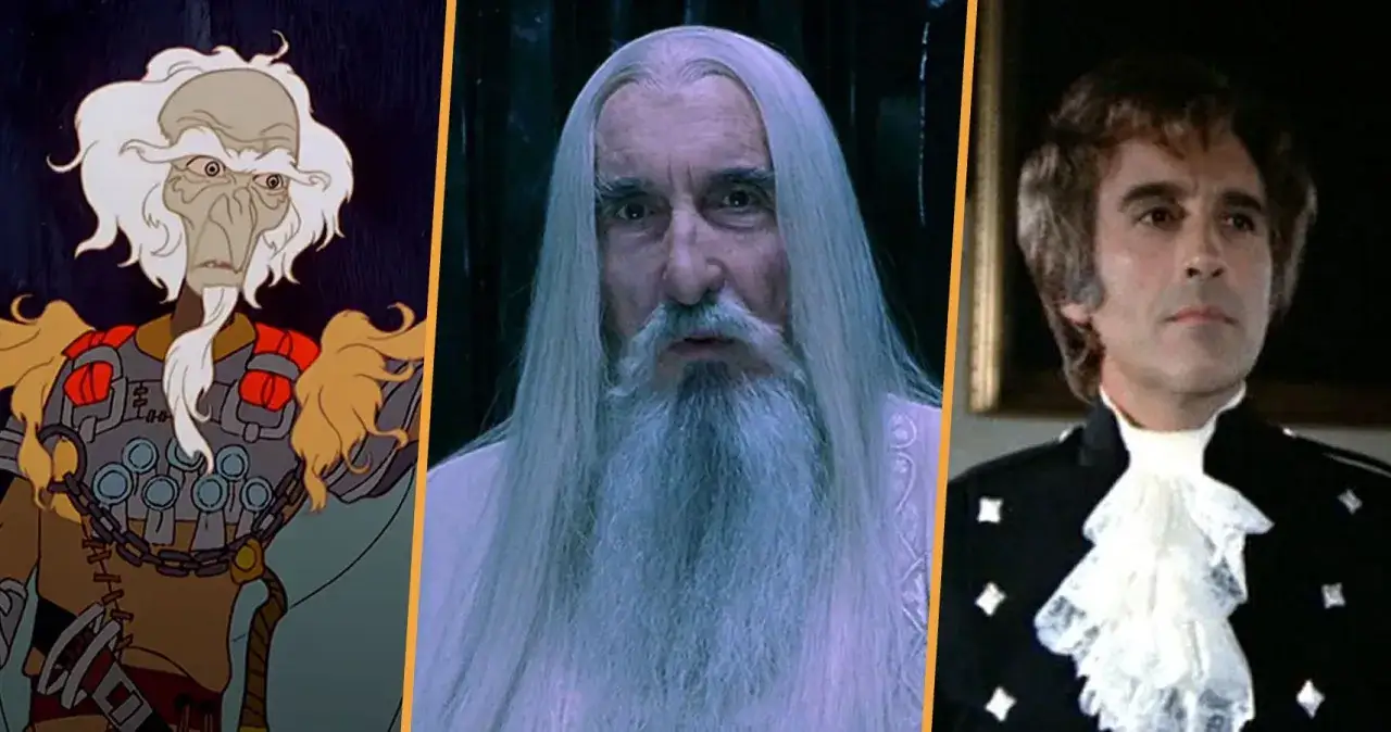 Trzy postacie z filmów Christophera Lee: animowany starzec, Saruman i mężczyzna w stroju z epoki.