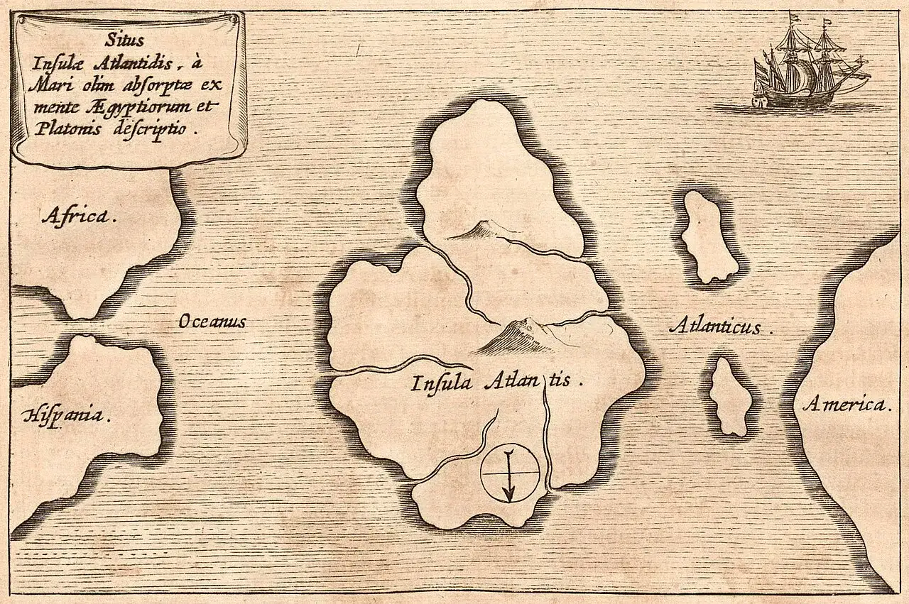 Mapa przedstawia legendarną Atlantydę, zaginioną wyspę opisaną przez Platona, umiejscowioną między Afryką a Ameryką.