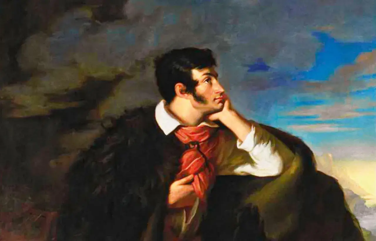 Portret wieszcza z burzą chmur nad głową, zamyślony, oparty o skałę.