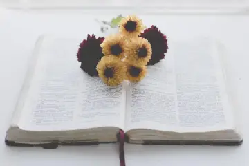 Kwiaty na otwartej Biblii, jakby fragment epopei.