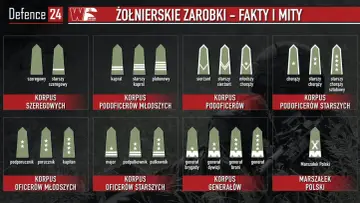 Grafika przedstawia stopnie wojskowe, od szeregowego, przez starszego szeregowego, aż po Marszałka Polski.