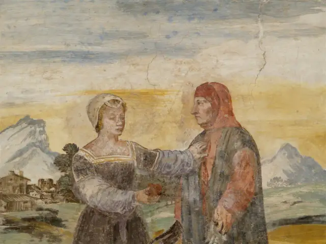 Scena z życia, być może inspirowana utworem Petrarki. Kobieta w średniowiecznej sukni podaje mężczyźnie w czerwonym kapturze mały przedmiot.